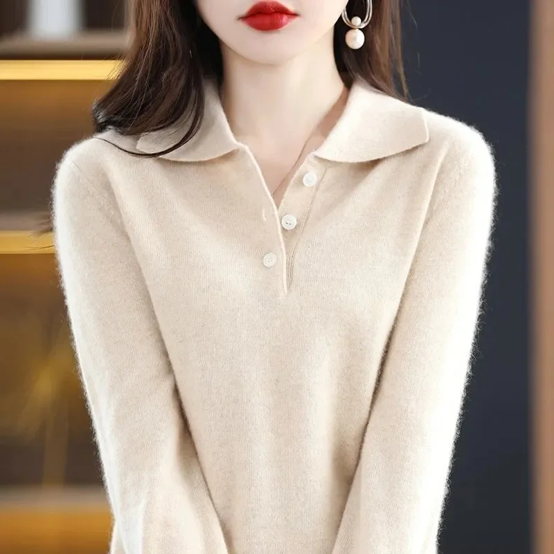 Women Sweater 2023 New Spring Autumn POLO Collar Sweater Knitted Pullover Long-Sleeved Non-Cashmere Jumpers Bottoming Shirt