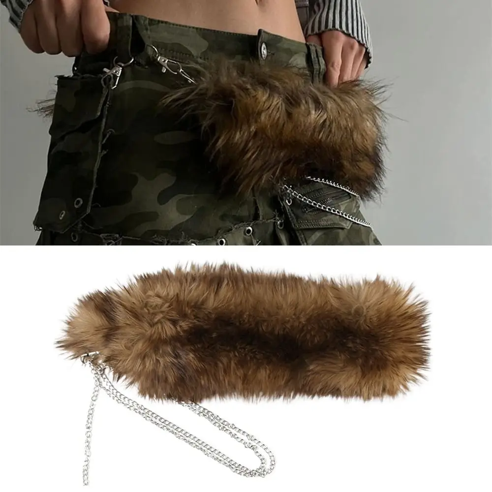 

Jeans Pants Decor with Chain Punk Fur Belt Super Soft PU Leather Hiphop Jeans Belt Fluffy Warm Plush Waist Chain