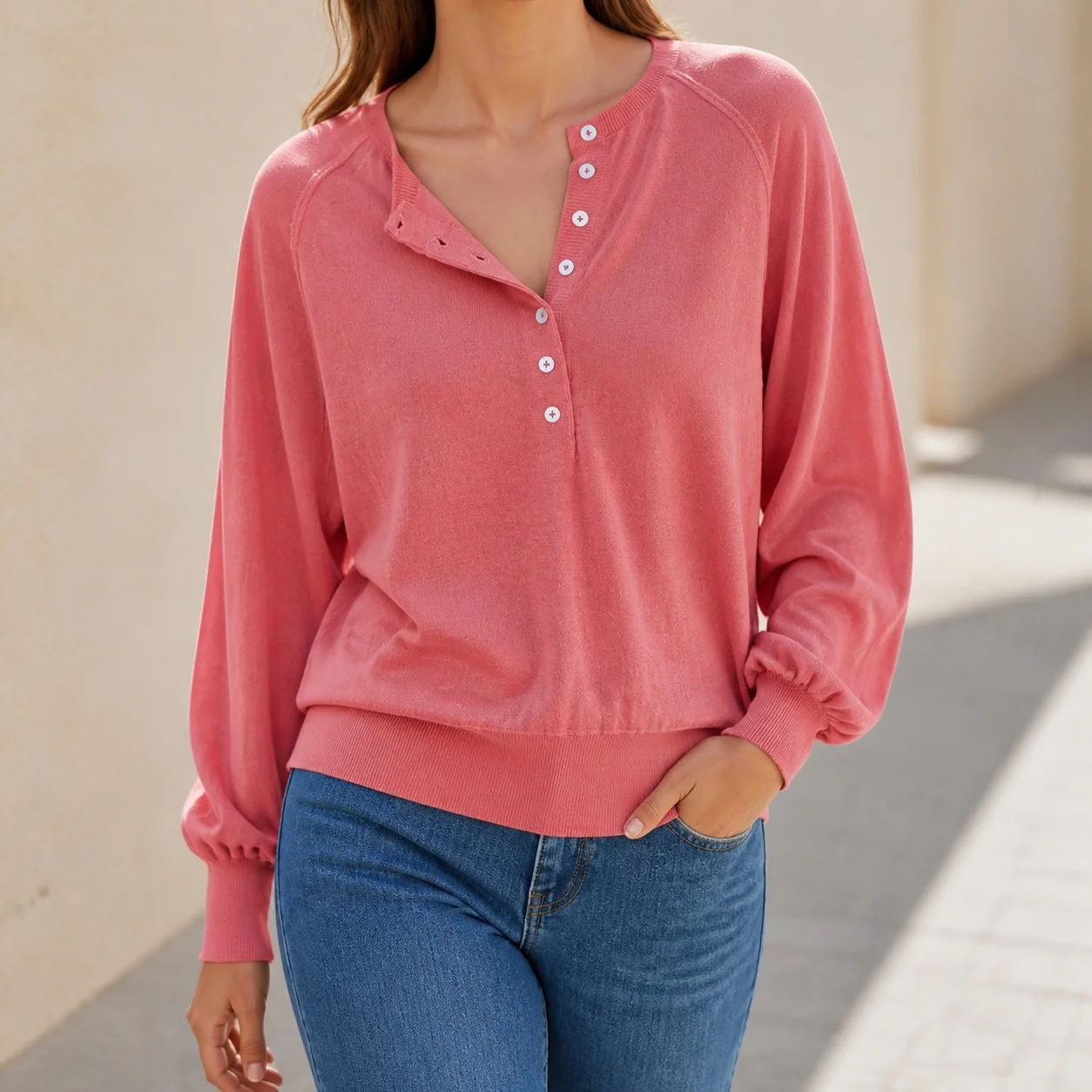 Women's Winter Clothing V Neck Long Sleeve Loose Fit Solid Color Button Sweater Elegant Medium Weight Hip Length Macaron Color