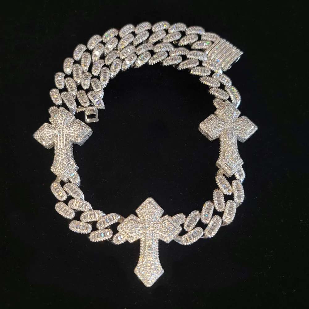 Ice New Design Punk Style Full CZ Diamonds Big Cross Necklace Cuban Link Chain Solid Back Pendant Chains Prom Party Jewelry