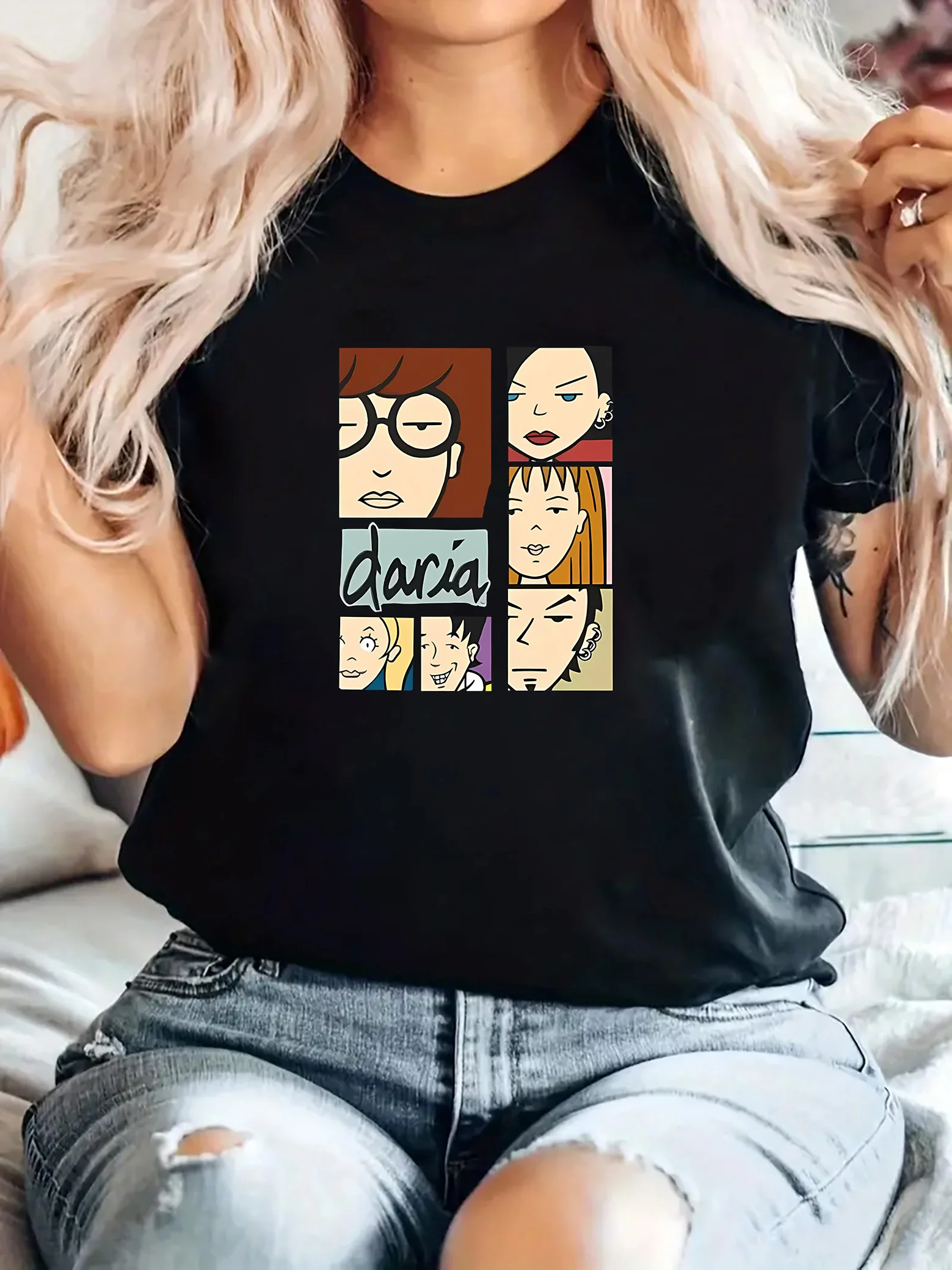 

Camiseta informal con estampado de dibujos animados para mujer Top de manga corta con cuello redondoCamiseta estampada