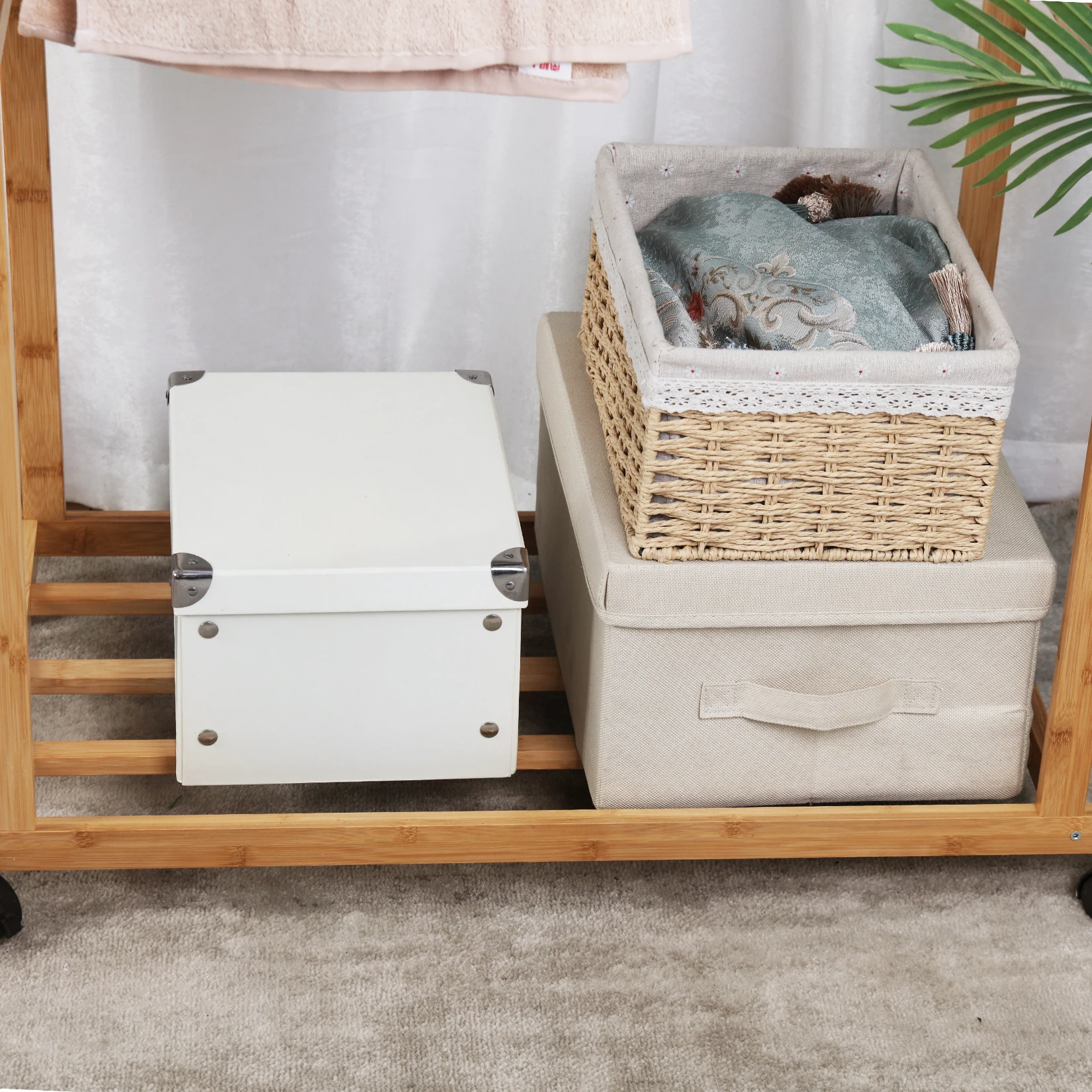 Rolling Clothes Hanging Rack with Double-Rod Wooden Garment Stand with Wheels