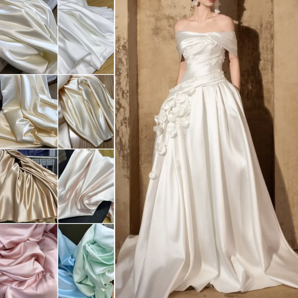 Cream  Beige Stiff Satin Fabric Solid Smooth Satin Cloth for DIY Wedding Dress Evening Gown Wedding Backdrop Decor  Styling