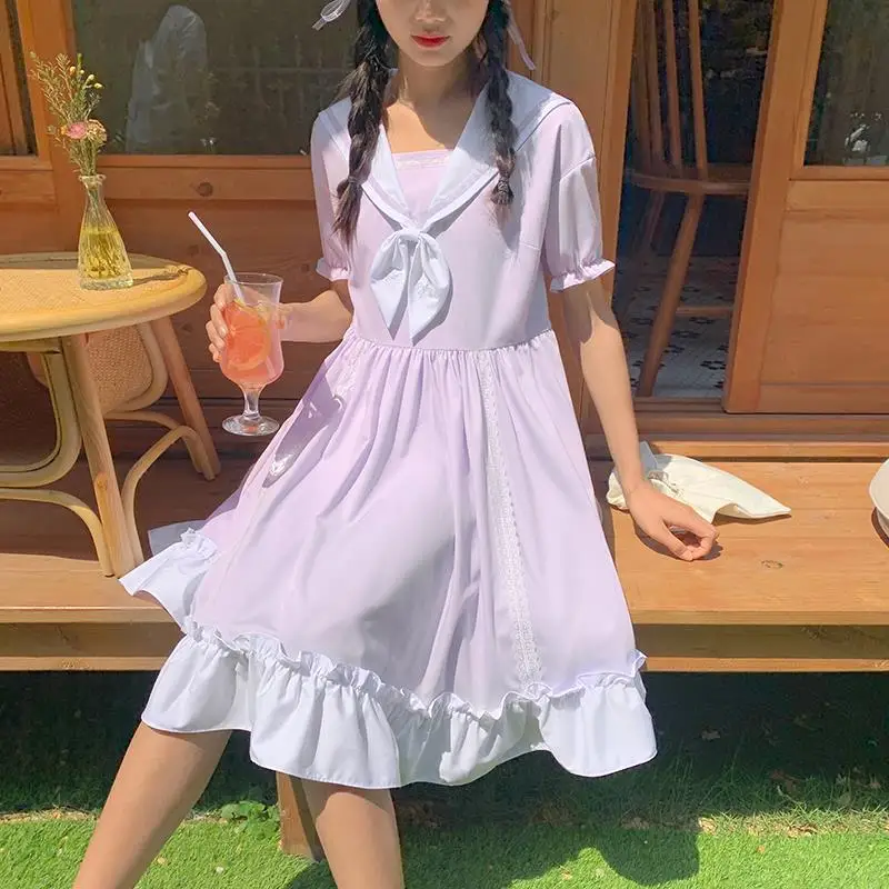 Preppy Style Sailor Collar Bow Sweet Age Reduction Summer New 2024 Female Clothing Butterfly Sleeve Lace A-Line Princess Dress