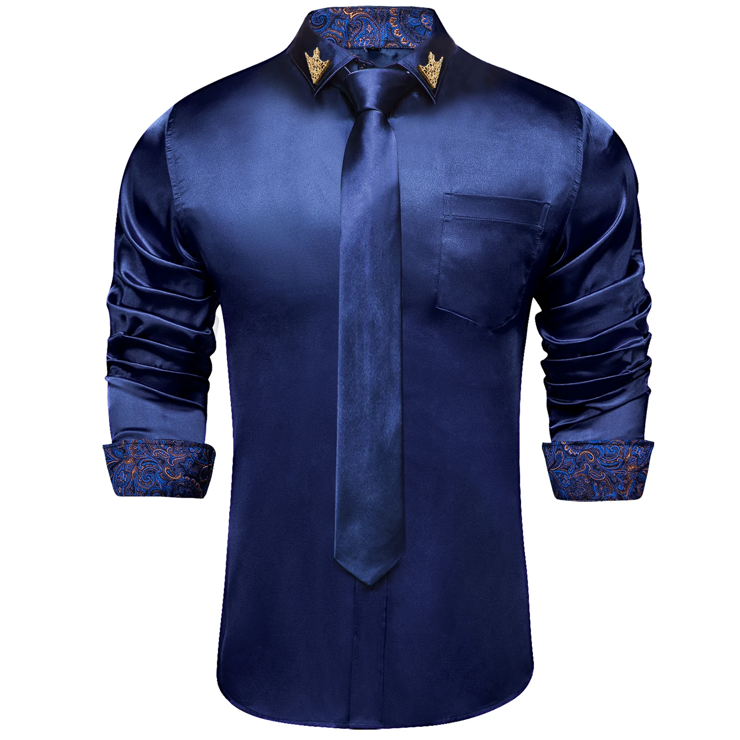 

Men Shirts Long Sleeve Stretch Satin Social Dress Paisley Splicing Contrasting Colors Tuxedo Shirt Blouse Men Clothing DiBanGu