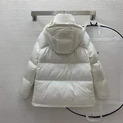 White Goose Down Filled Windproof Warm Short Jacket Thick Hooded Loose Down Jacket with Velvet Stitching on The Shoulders