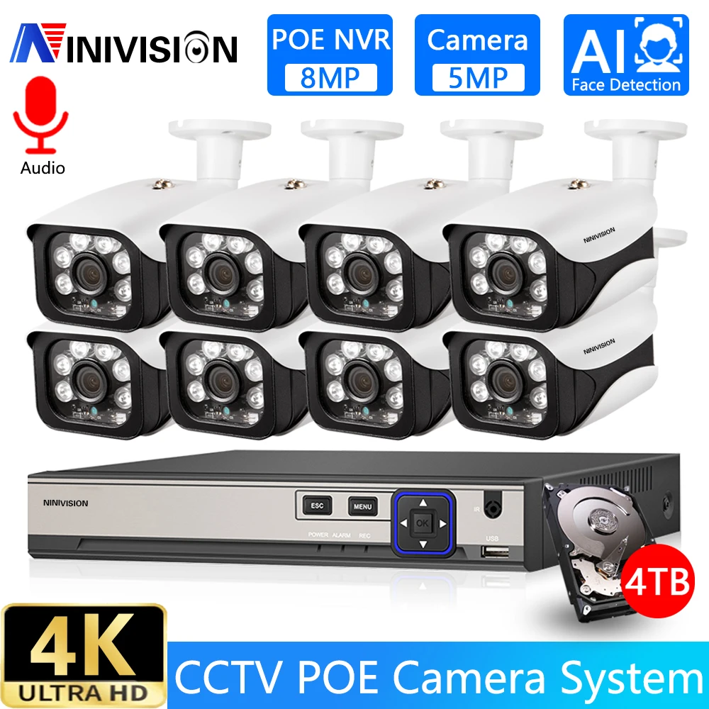 

8CH POE Home Theater Sound 4K Security Cctv Nvr IP Camera System 5MP Intercom Audio Motion Detection Bullet Weatherproof Cam Kit