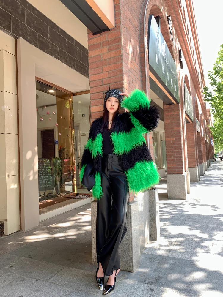 Original Design Female Faux Fur Coat Green Contrast Color Personalized Long Jacket Women\'s Winter Coats Factory Direct Sales