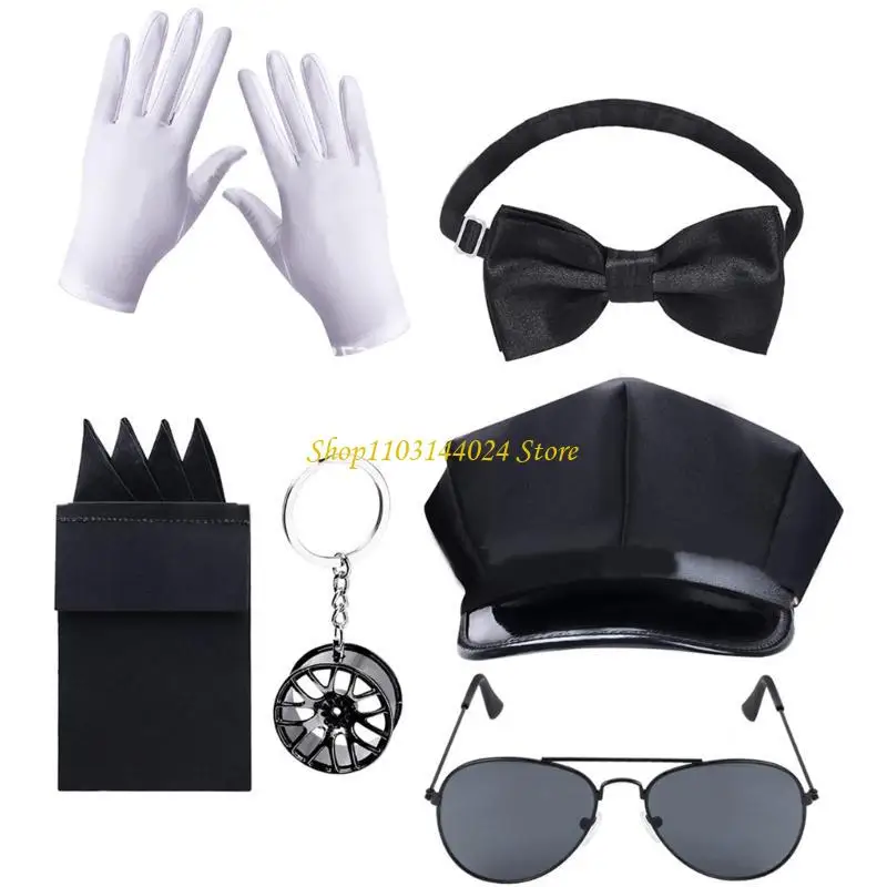 N5KE Chauffeur Suit Bowtie Eyeglasses and Gloves Set for Halloween Photo Props