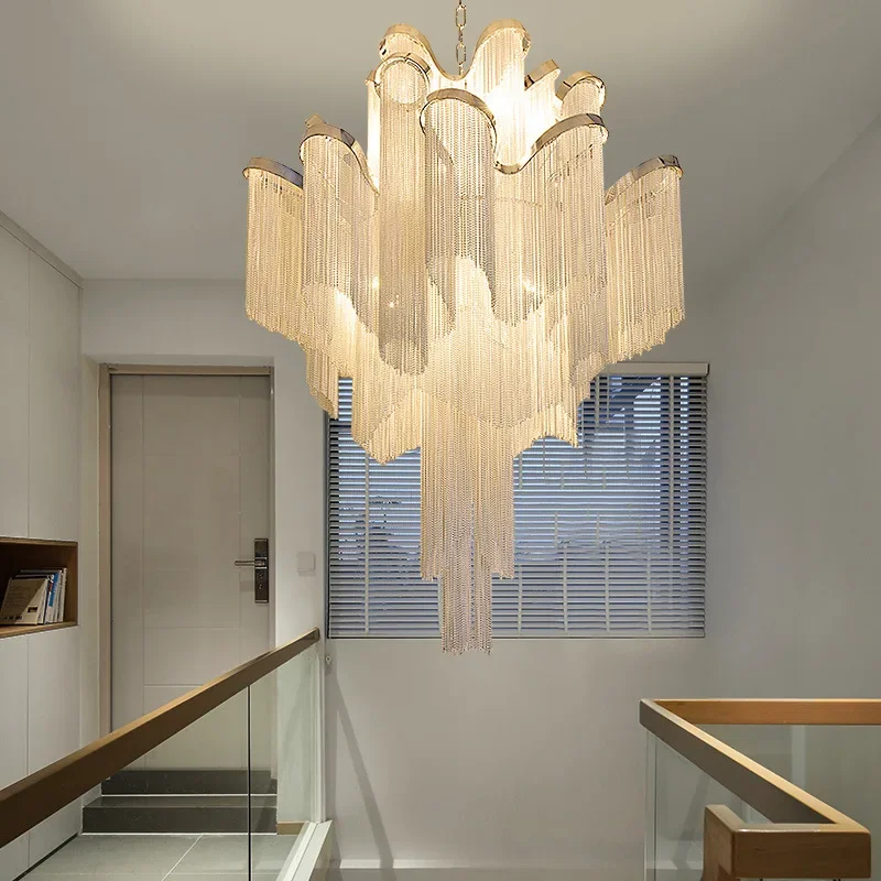 

2025 Italy Designer Stream Luxury Tassel Chandelier Aluminum Chain Living Room Duplex Loft Villa LED House Decor Lighting Fixtur