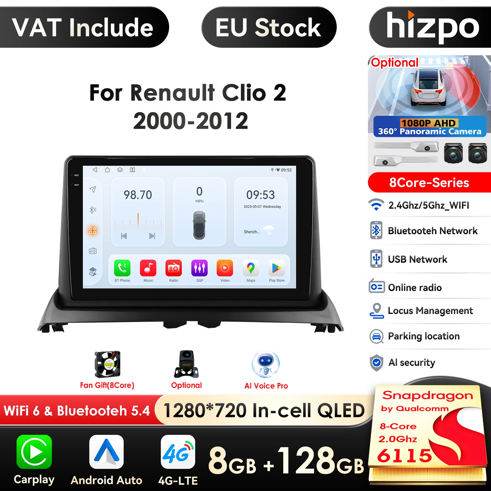 Hizpo 9 Zoll drahtloses Carplay Android Auto Auto Multimedia-Player für Renault Clio 2 360-Carplay 4g Autoradio ° Kamera