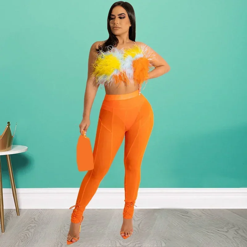 

GUWU Mesh See Though Split Hem Pants Suit and Colorful Feather Crop Top Tracksuit Party Women Two Piece Set
