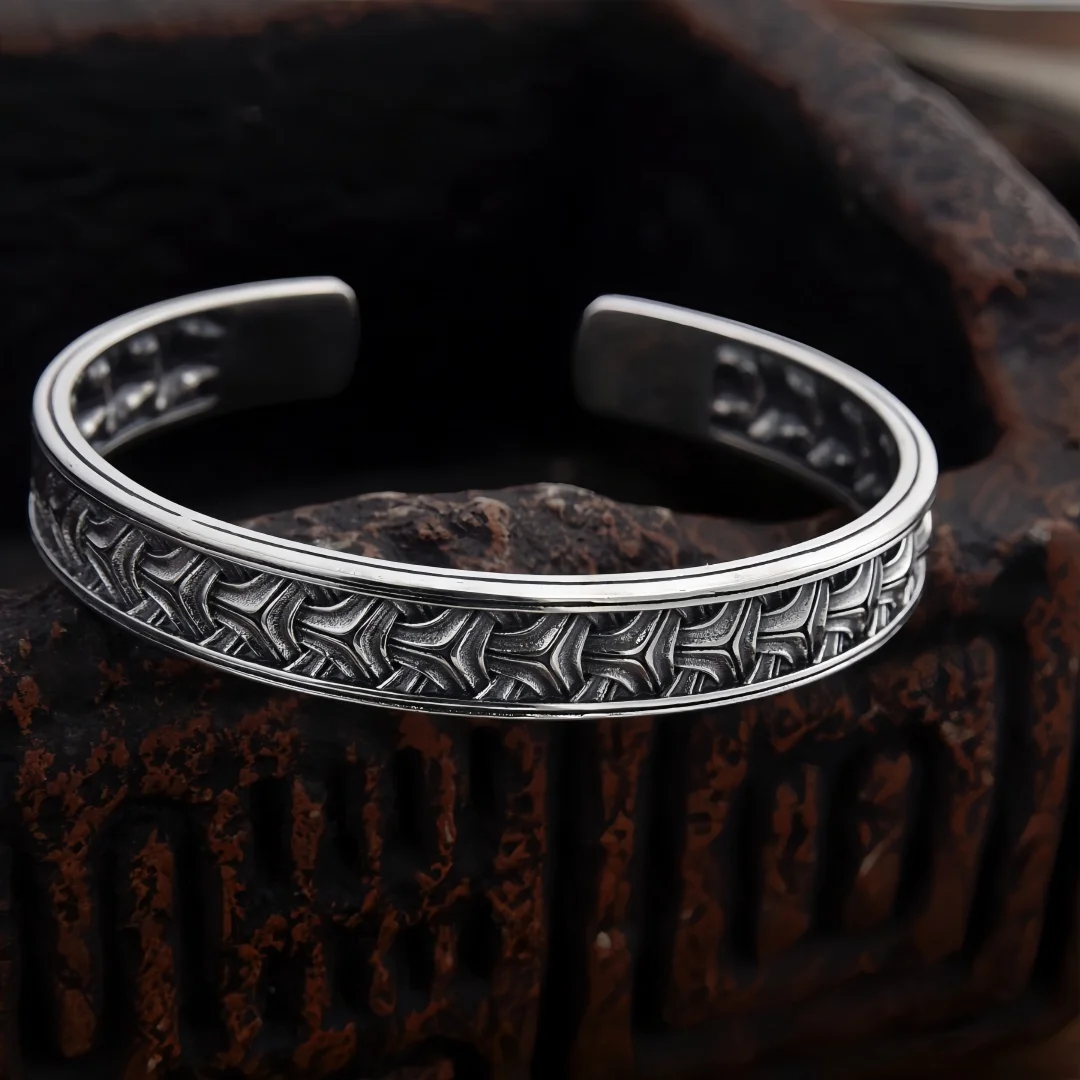 BOCAI New S925 Sterling Silver Charms Bangle for Men Women Antique Chinese Ancient Armor Pattern Bracelet Fine Choice Jewelry