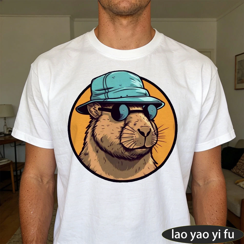 Cool Capybara Bucket Hat Graphic T Shirt Unisex White Tee Hipster Animal Fashion Print Top Summer Urban Streetwear Casual Tees