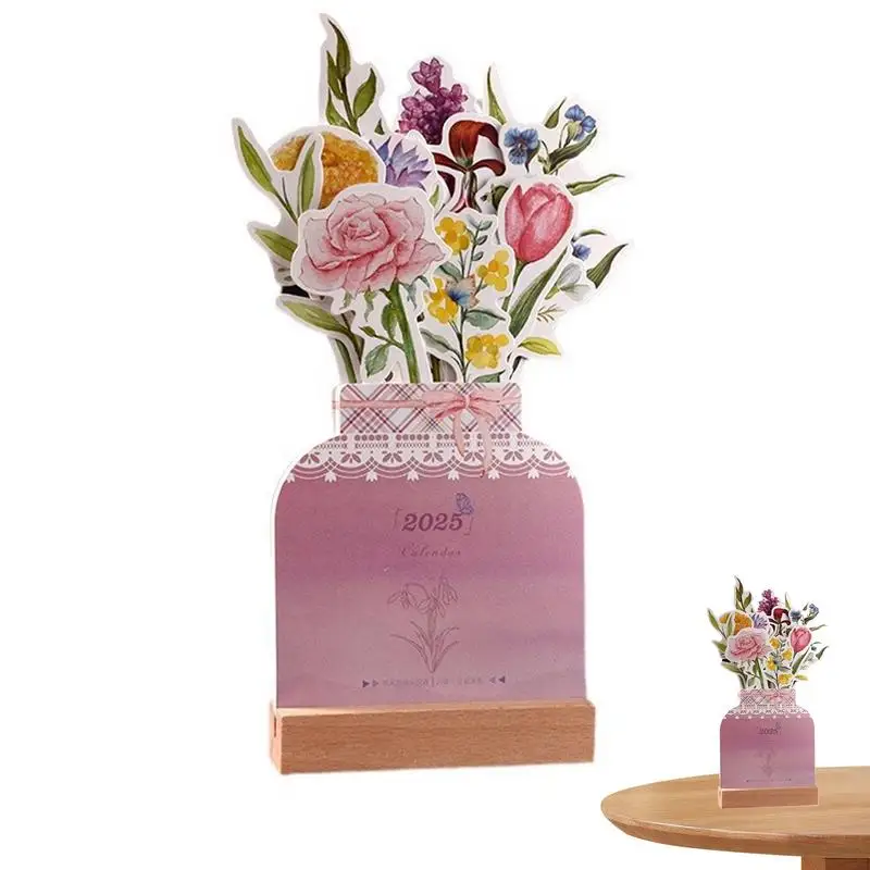 2025 Bloomy Flowers Desk Calendar Removable Vase Shaped Monthly Calendar 2025 Cute Desktop Calendar With Wooden Base Daily Note