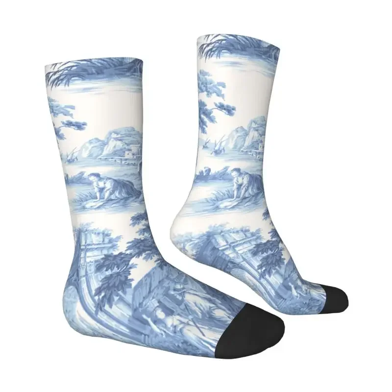 Funny French Navy Blue Toile De Jouy Motif Socks Women Men Breathable 3D Print Football Sports Socks