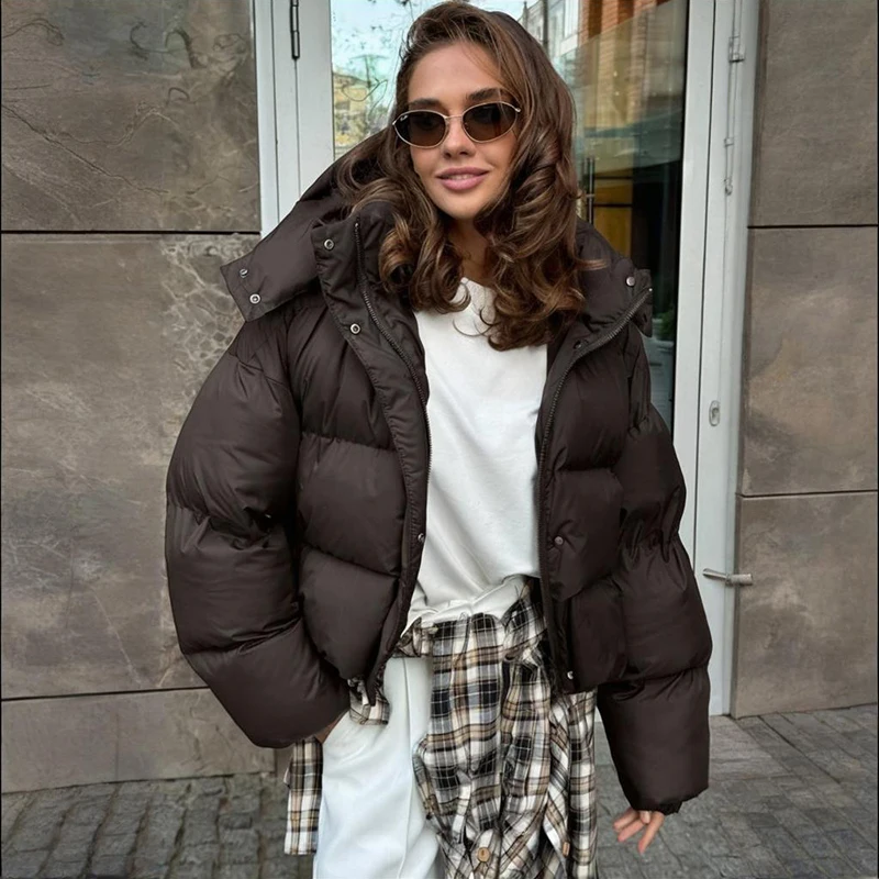 Tornova 2025 شتاء جديد سستة مقنعين ملابس قطنية معطف المرأة موضة جيب غير رسمي فضفاض طويل الأكمام الترفيه سترة قطن #2