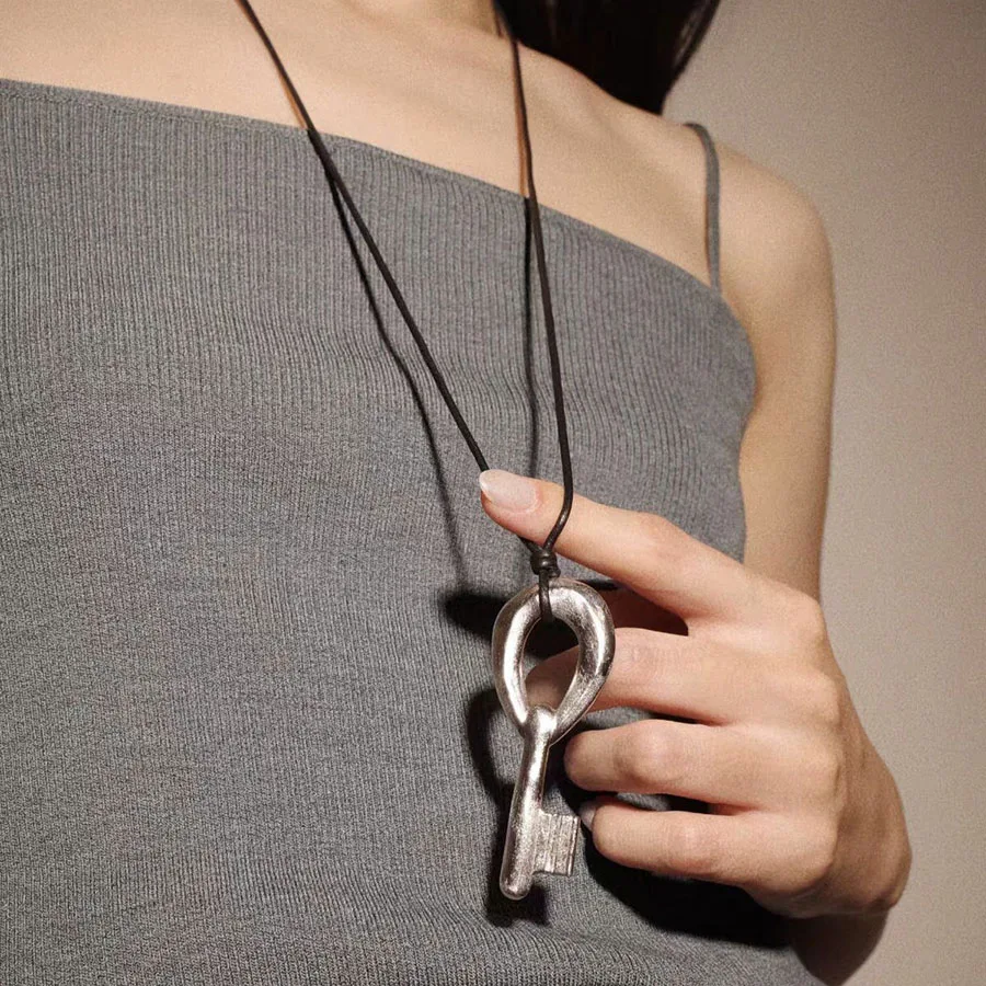 Lock key black rope long necklaces for women black cord sweater necklaces for couples lovers jewelry