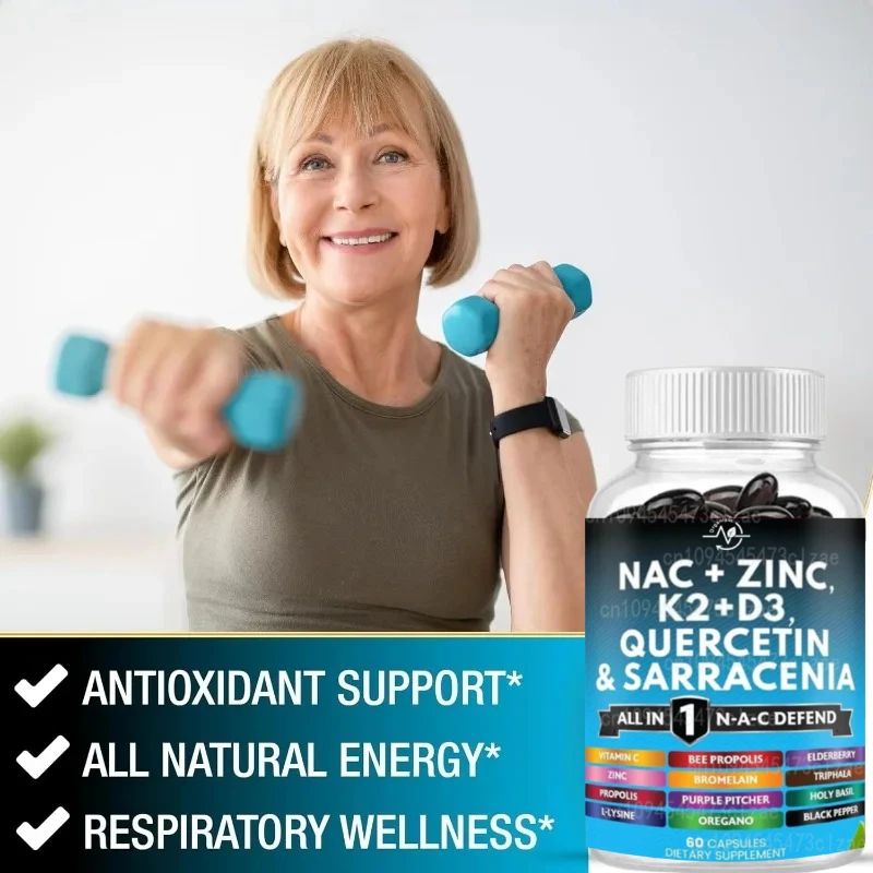 

Добавки NAC содержит витамин D3, K2, цинк, Quercetin, Elderberry, Propolis, Bromelain и Lysine-60 капсул