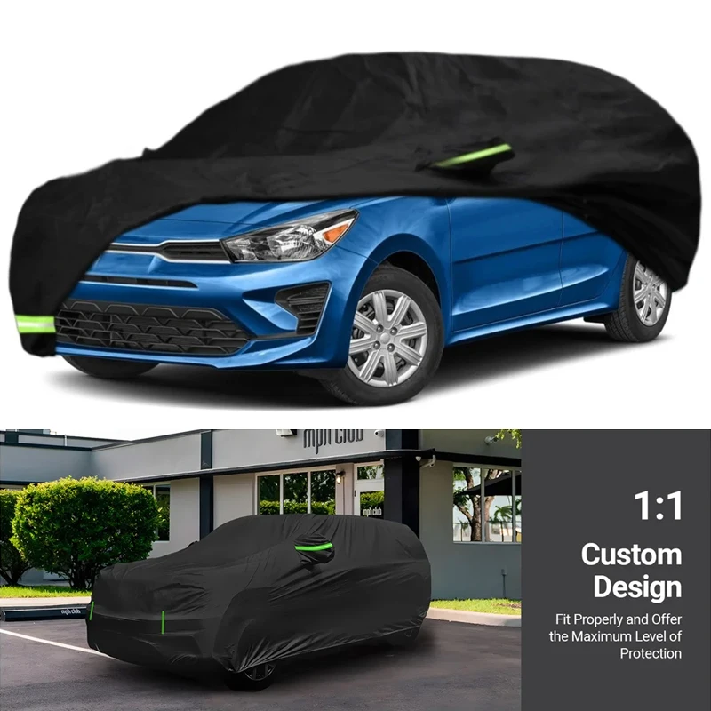 

210T уличные водонепроницаемые автомобильные чехлы на заказ для Kia Rio 2005-2023 годов, 100% водонепроницаемый ветрозащитный ремень и двойная дверная молния