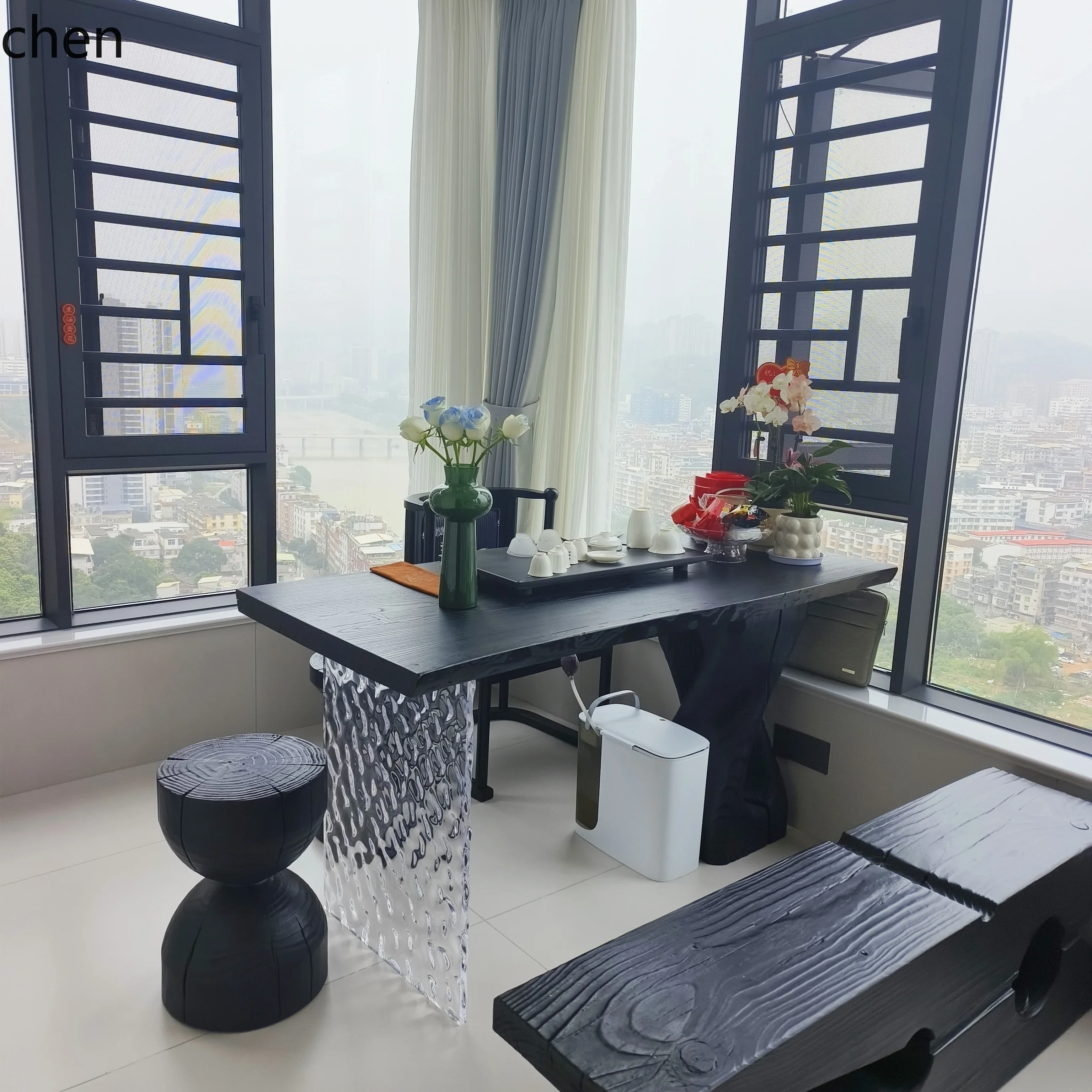 

balcony tea table chair combination acrylic suspended coffee table small apartment solid wood tea table modern and simple