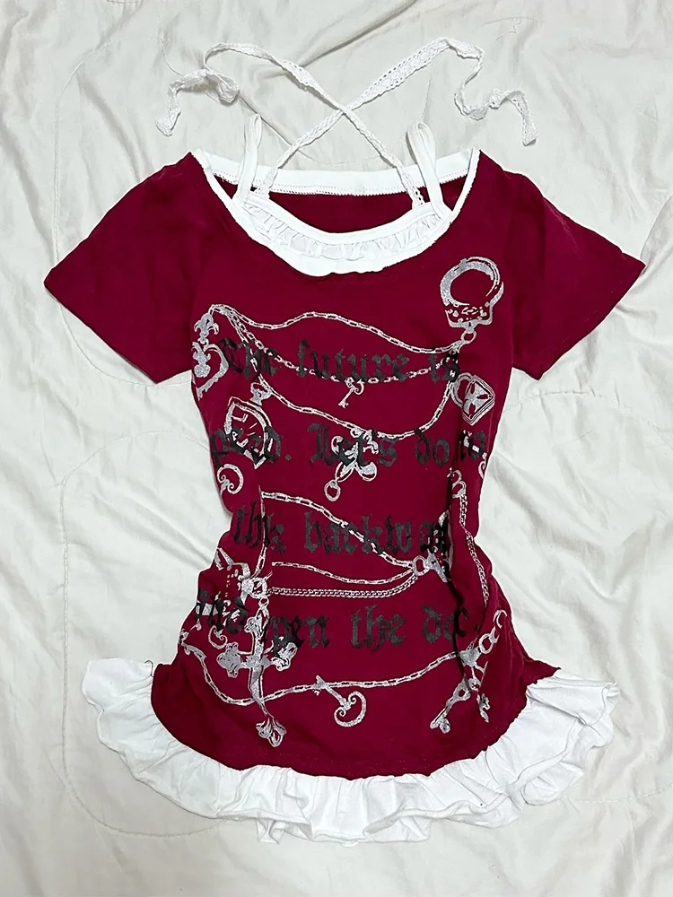 Original Retro Rotes T-Shirt f Chi Tao Sommer Neues kleines Design Y2K Millennium Spicy Girl Top Damen Casual Faion Print...
