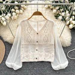 Vintage Puff Sleeve Single Breasted Hook Flower Hollow Out Spliced Casual Slim Women Korean Streetwear Spring Autumn Women Shirt