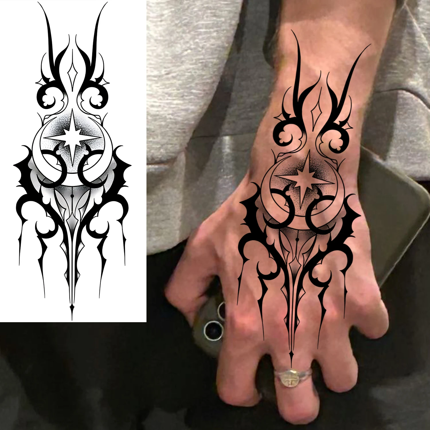 1 Sheet Viking Tribal Gothic Skull Compass Temporary Tattoos For Men Forearm Neck, Long Lasting Waterproof Realistic Fake Tatoos