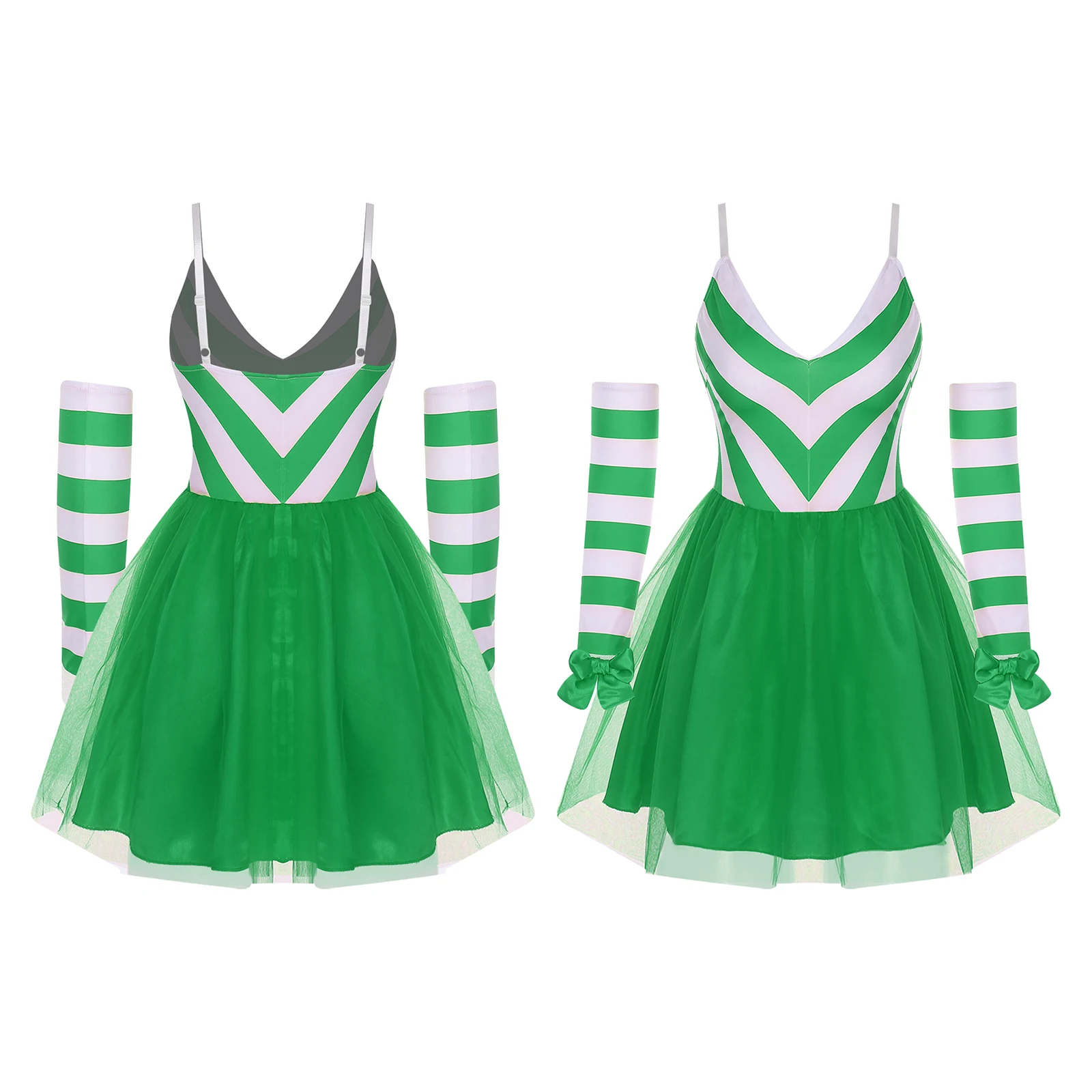 المرأة عيد الميلاد قصب الحلوى زي الخامس الرقبة قابل للتعديل الكتف الأشرطة فستان عيد الميلاد مع قفازات القوس لعطلة عيد الميلاد السنة الجديدة