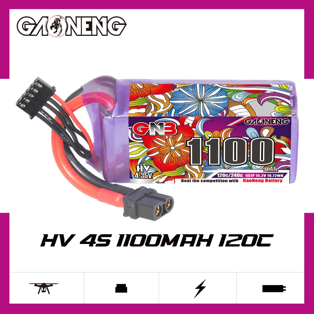 GAONENG 장거리 FPV 레이싱 드론 헬리콥터용 GNB HV LiPo 배터리, XT60 플러그 포함, 1100mAh 4S, 6S, 8S, 15.2V, 22.8V, 30.4V, 120C