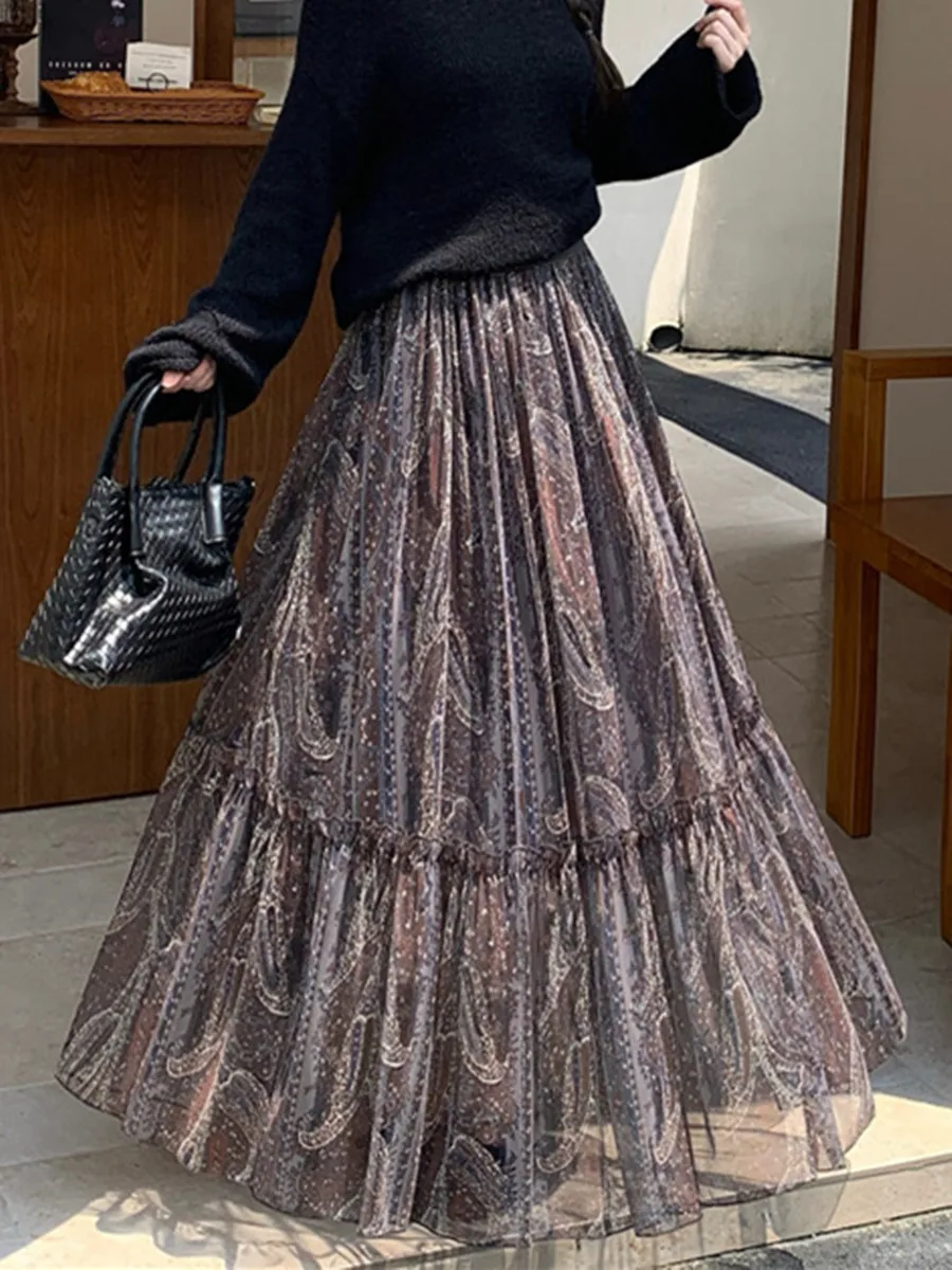 Women's Three-Layer Vintage Cashew-Print Midi Skirt 2026 Fall New Arrival High-Waisted Chiffon A-Line Long Tulle Skirt