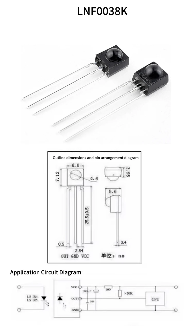 Hochwertiger 5-Stück-Set IR-Empfänger 38 kHz Fernbedienungs-Infrarotmodul TSOP4838 DIP-3/LNF0038K – Detail 3