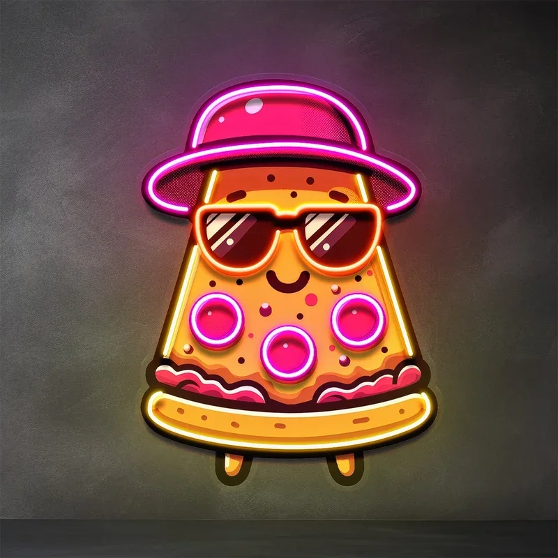 Pizza Neon Sign LED Wall Light, Funny Pizza Neon Lamp with Hat & Sunglasses, Room Decor for Bedroom Bar Restaurant Party Gift