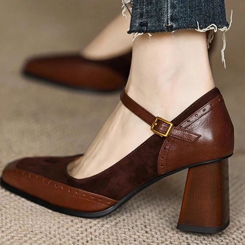 

French Style Women Shoes Black Square Toe Chunky Heel Thick Sole Buckle Pumps Shoes Woman Vintage Ladies Shoes for Women