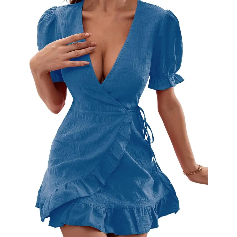 

Summer Ruffle Dresses for Women 2024 Sexy V Neck Side Wrap Dress Ladies Elegant Puff Sleeve Chiffon Mini Dress Party Vestidos