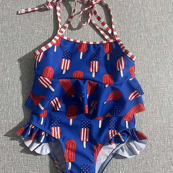 Baby Girl Halter One Piece Swimsuit US Flag Popsicle Pattern Ruffle Frill Kids Summer Swimming Costume Beach Wear