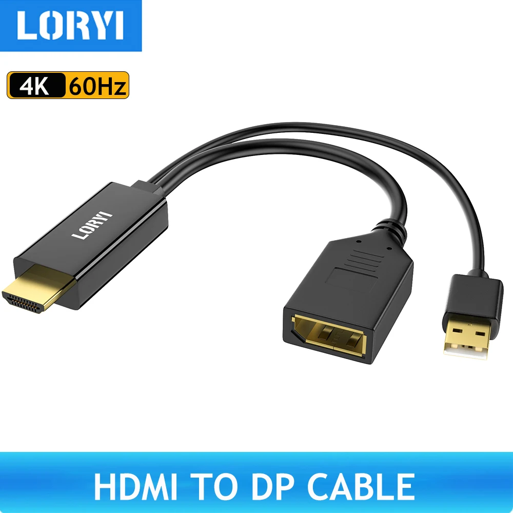 LORYI HDMI-디스플레이 포트 케이블, USB 전원 포함, HDMI-디스플레이 포트 변환기, 수-암 모니터 PS5 맥 미니용, 4K, 60Hz