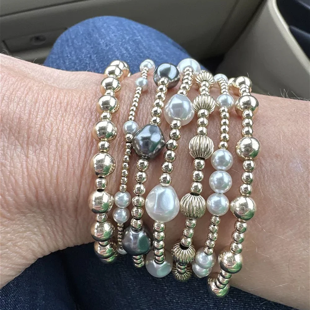 YEEVAA Charm Beads&Artificial Pearls Stretch Stacks of 7 Bracelets, Fashion Jewelry Gift for Women Daily Layering