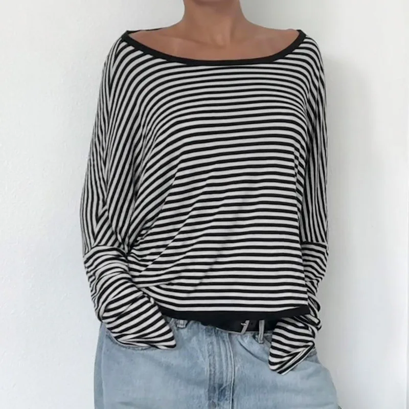 CIBBAR Fashion Backless T-shirt y2k Streetwear Full Sleeve Off-shoulder Crop Top Harajuku Striped Loose Autumn Tee Office Ladies