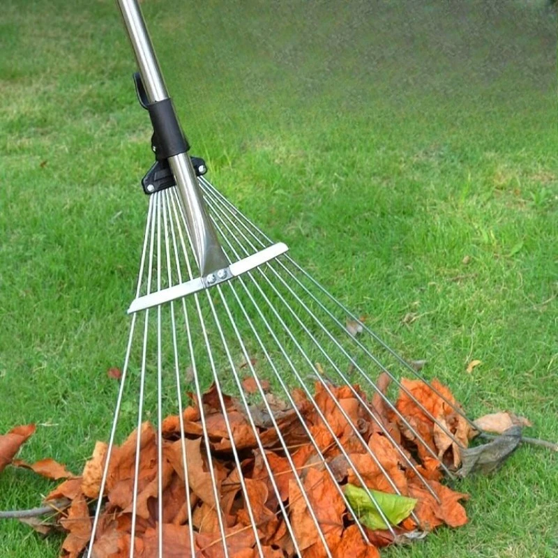 Retractable steel garden leaf rake, adjustable garden tool for lawn leveling and leaf grass cleaning
