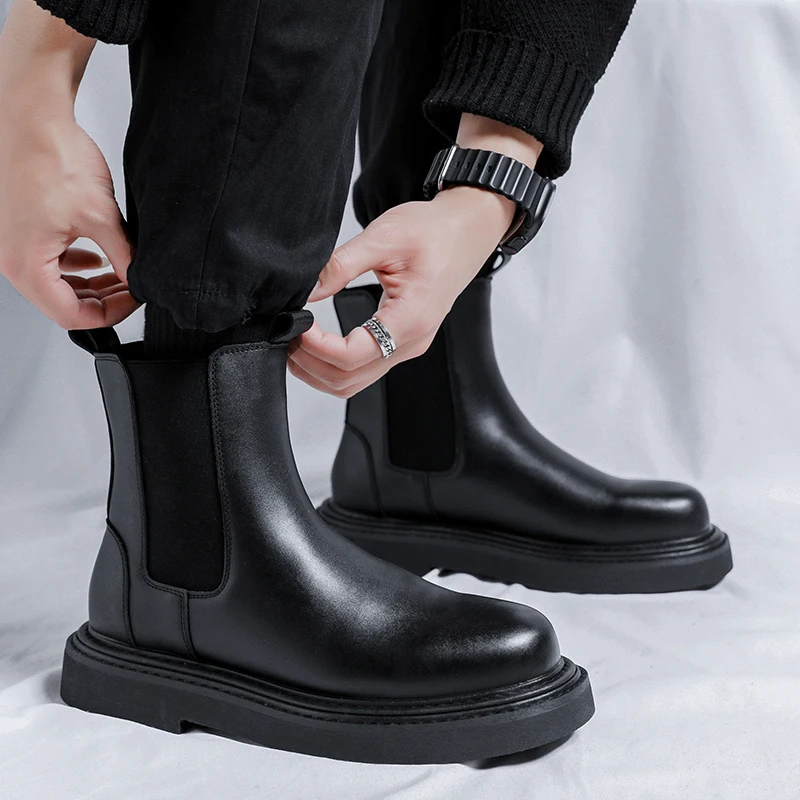 Men's Boots Fashion Casual Youth Student Boots British Style Thick Bottom Mid Help Chelsea Boots