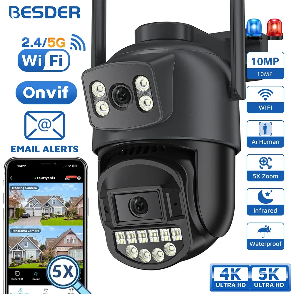 BESDER 5K 10MP WLAN-Kamera PTZ Außenkamera mit KI-Menschenerkennung, Dual-Bildschirm, 4K 8MP CCTV Sicherheits-IP-Kamera, Audio, E-Mail-Alarm, O-Kam Pro
