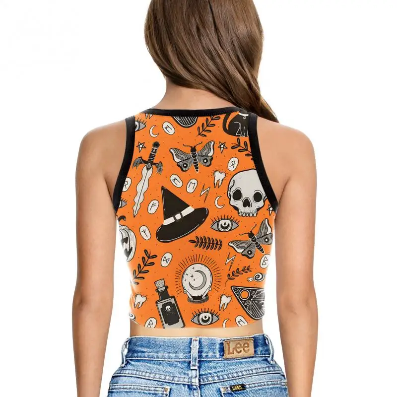 Nadanbao Damen-Crop-Top mit Geister-Kürbis-Print, kurze Weste mit Rosen-Totenkopf-Muster, sexy, schmales, ärmelloses Hemd, Halloween-Party-Top – Detail 26