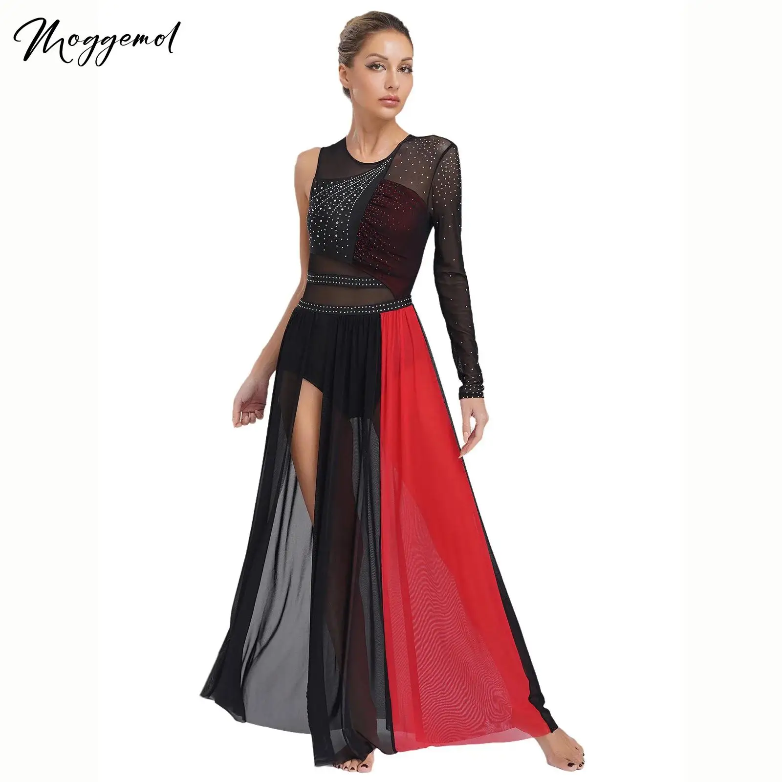 

Женское лирическое танцевальное платье с блестящими стразами и боковым разрезом из прозрачной сетки с цветными блоками в стиле пэчворк, современные платья-купальники