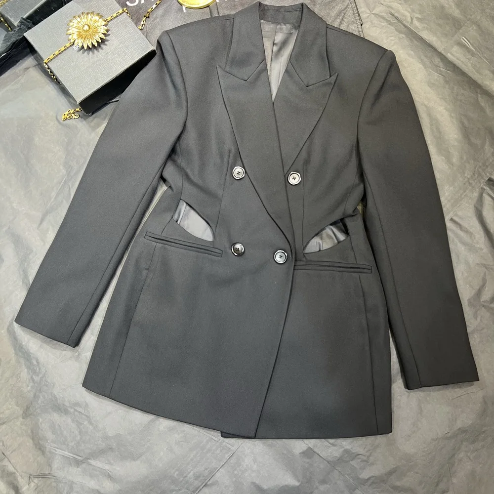 2025 Autumn Women's Suit Jacket Double-breasted Hollow-out Women's Coat Outerwear Y2K New High-Quality Trench Coat bra
