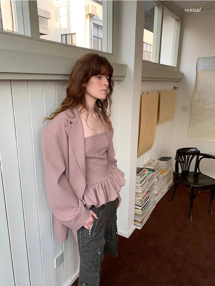 

Fashionable Oversize Striped Suit Set Women's Three-Piece Ensemble Pink Grey FFU Outfit Polyester Fabric Spring 2025