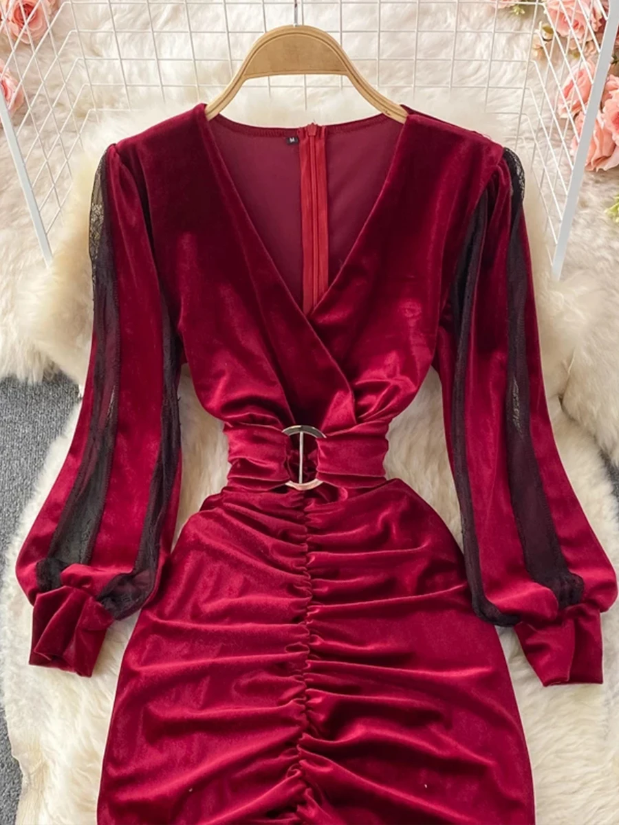 Autumn Winter Women Black/Red Velvet Bodycon Midi Dress Vintage V-Neck Mesh Patchwork Long Sleeve Vestidos