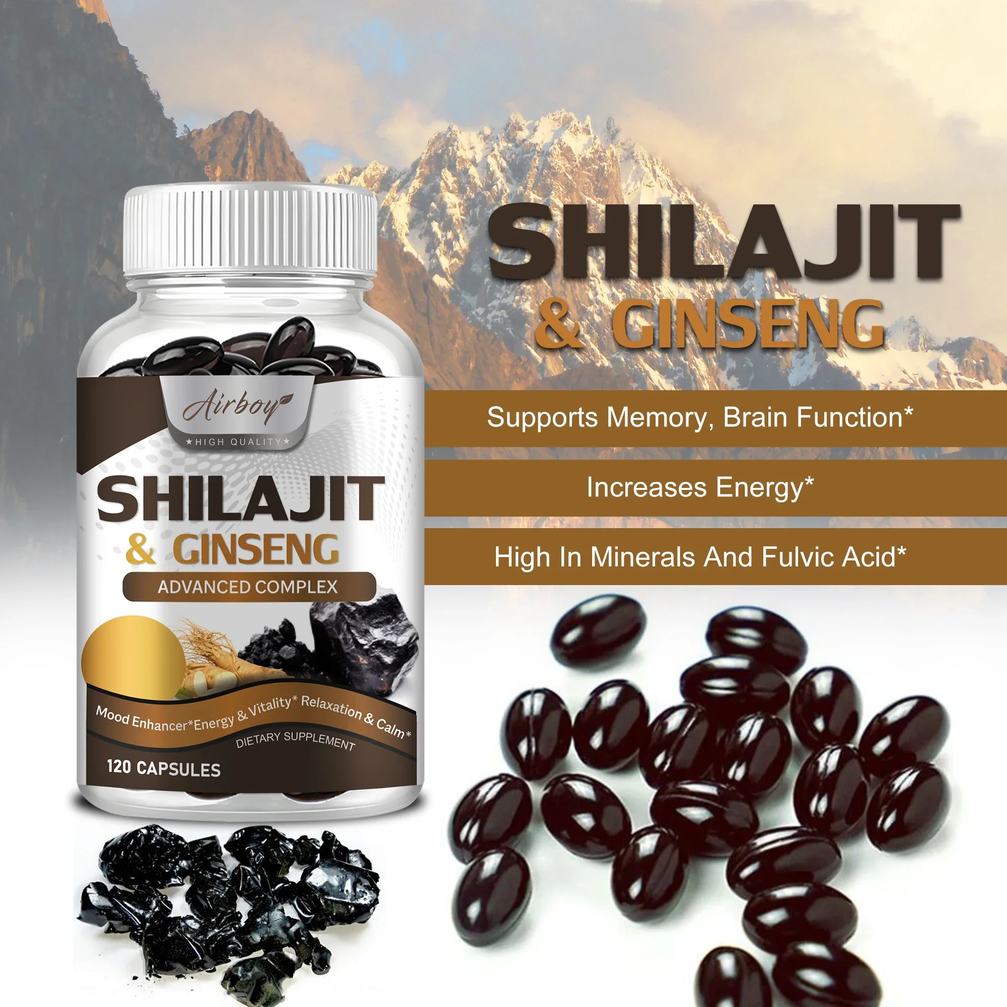 Suplemento Shilajit e Ginseng - fornece energia e resistência, aumenta o cérebro e a memória, suporte imunológico - 120 cápsulas