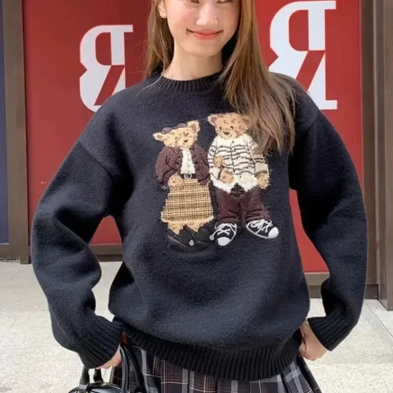 Lovely Wine Red American Preppy Style Cute Bear Cashmere Sweater Embroidery Brocade Sweaters Winter Thermal Warm Pullover Women