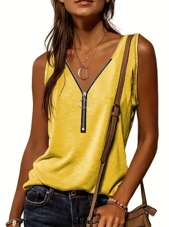 Versatile Women\'s V-Neck Half-Zip Tank Top - Casual All-Season Wear with Durable Stretch Fabric
